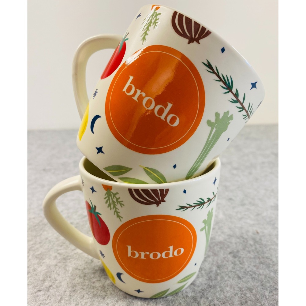 BRODO Bone Broth NYC Veggie Kitchen Cozy Farmhouse‎ Vibes 2 Ceramic Mugs *NWOB